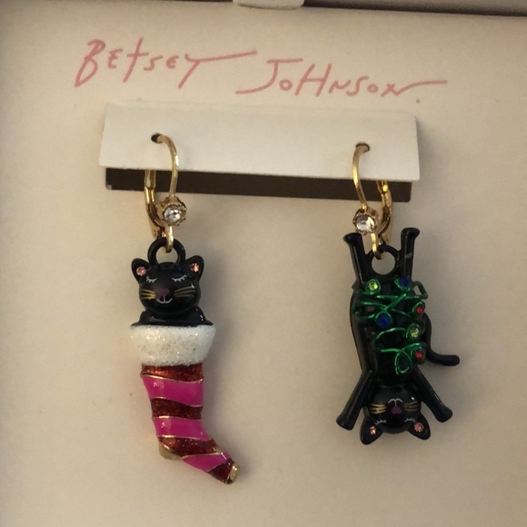 Betsey Johnson Black Cat In Stocking & Cat Tangled In Lights Drop Earrings NIB - Picture 2 of 13